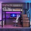 Merax Hochbett (140x200 cm), Kinderbett, Metallbett mit LED-Lichtleiste, langem Schreibtisch, Sicherheitsleiter und flexiblem Stauraum, Schwarz Bild 3