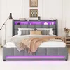 Stauraumbett mit LED-Beleuchtung, Stauraum, Lattenrost, 2 Schubladen und USB-Anschlüssen, 140x200 cm, Doppelbett, Leinen Bild 2