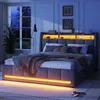 Stauraumbett mit LED-Beleuchtung, Stauraum, Lattenrost, 2 Schubladen und USB-Anschlüssen, 140x200 cm, Doppelbett, Leinen Bild 3