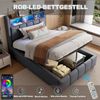 Merax Einzelbett, Polsterbett 90*200cm mit LED-Beleuchtung und USB-Anschluss, Kopfteil mit Ablageflächen und Stauraum, mit hydraulischem Stauraum, Kindereinzelbett, Leinen, grau Bild 2