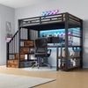 Hochbett mit RGB LED-Streifen, Schreibtisch, Treppe, Regal, Wandgitter, USB, Type-C, 90x200cm, Kinderbett, Metallbett Bild 3