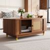 Couchtisch mit Rattan-Schiebetüren, abgerundete Ecken, Stauraum, MDF, Holzoptik, Wohnzimmertisch, Modernes Design Bild 3