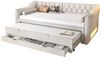 Tagesbett 90x200 cm mit Ausziehbett, drei Schubladen und LED-Beleuchtung – gepolstert in Beige Bild 4
