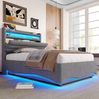 Polsterbett Leinen mit LED, Stauraum & USB-Anschluss, 90x200 cm, Grau, ohne Matratze Bild 2