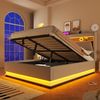 Polsterbett beige 218×142×113 cm aus Leinen-Stoff mit Hydraulikbettkasten, zweiseitigen LED-Leisten Bild 2