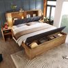 Merax Doppelbett 160 x 200 cm Polsterbett Holzbett mit klappbarem Kopfteil aus Leinenstoff Stauraum zwei Nachttische Bettbank mit Stauraum Leselampen mit USB Lattenrost, Eiche Bild 3
