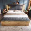 Merax Doppelbett 160 x 200 cm Polsterbett Holzbett mit klappbarem Kopfteil aus Leinenstoff Stauraum zwei Nachttische Bettbank mit Stauraum Leselampen mit USB Lattenrost, Eiche Bild 2