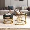 2-in-1 Couchtisch-Set rund mit Marmorplatte & Rattan-Schublade in Schwarz/Gold - 70x70x45,5 + 50x50x38,5 cm Bild 5