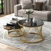2-in-1 Couchtisch-Set rund mit Marmorplatte & Rattan-Schublade in Schwarz/Gold - 70x70x45,5 + 50x50x38,5 cm Bild 3