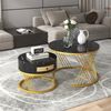 2-in-1 Couchtisch-Set rund mit Marmorplatte & Rattan-Schublade in Schwarz/Gold - 70x70x45,5 + 50x50x38,5 cm Bild 4