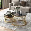 2-in-1 Couchtisch-Set rund mit Marmorplatte & Rattan-Schublade in Schwarz/Gold - 70x70x45,5 + 50x50x38,5 cm Bild 2