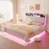 Polsterbett 140*200 mit LED-Beleuchtung und USB-Steckdose, Kopfteil mit Stauraum, Schwebebett Jugendbett Erwachsenenbett, Leinenstoff, Beige Bild 2