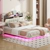 Polsterbett 140*200 mit LED-Beleuchtung und USB-Steckdose, Kopfteil mit Stauraum, Schwebebett Jugendbett Erwachsenenbett, Leinenstoff, Beige Bild 4