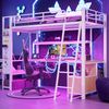 Hochbett mit Schreibtisch, LED-Streifen, Wandgitter, Regal, Schrank, Steckdose, USB, Type-C, Rausfallschutz, 90x200cm, Kinderbett, Metallbett Bild 3