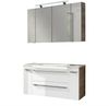 FACKELMANN LUXOR Badmöbel Set 7-teilig 120 cm breit, Weiß/Braun hell, Waschbecken Gussmarmor Weiß + LED Spiegelschrank + Hängeschränke + Unterschränke mit Spiegelfläche Bild 1