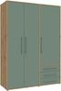Forte MOKKARIS Kleiderschrank 140 150, 3-türig, 2 Schubladen, Einglegeböden, Kleiderstange, Holzwerkstoff, Sonoma Eiche Holzdekor / Salbei, 144,4 cm breit x 200,1 cm hoch x 52,7 cm tief Bild 3