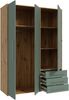 Forte MOKKARIS Kleiderschrank 140 150, 3-türig, 2 Schubladen, Einglegeböden, Kleiderstange, Holzwerkstoff, Sonoma Eiche Holzdekor / Salbei, 144,4 cm breit x 200,1 cm hoch x 52,7 cm tief Bild 5