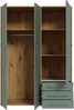 Forte MOKKARIS Kleiderschrank 140 150, 3-türig, 2 Schubladen, Einglegeböden, Kleiderstange, Holzwerkstoff, Sonoma Eiche Holzdekor / Salbei, 144,4 cm breit x 200,1 cm hoch x 52,7 cm tief Bild 4