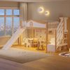 Merax Kinderbett, 90x200 cm, Hochbett, Halbhohes Bett, Sicherheitsgeländer, Stauraumleiter, Rutsche, mit LED-Lichtleiste, Weiß Bild 3