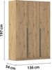 rauch Kleiderschrank Alba, Drehtürenschrank, Garderobenschrank, 3-türig, mit 2 Kleiderstangen, 2 Einlegeböden und Schubladeneinsatz, Farbe Eiche Artisan, Holz, Griffstange Grau metallic, Schwarz, 136x197x54cm Bild 4