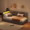 Gray linen L-shaped headboard with charging port, LED light, bed tail drawer, soft package bed, European plug 90 * 200 Bild 5