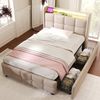 Einzelbett 90 × 200 cm mit Steckdosen,USB-Anschlüssen und LED-Beleuchtung,2 Schubladen,Leinenbezug in Beige Bild 4