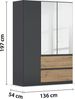 rauch Joel-Extra, Kleiderschrank, 3-türig, mit Spiegel, 2 Schubladen, push-to-open, mit 2 Kleiderstangen und 2 Einlegeböden, Farbe Grau metallic/Eiche Artisan, BxHxT 136x197x54cm Bild 4