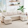 U-Sofa groß ausziehbar, 270x130x86 cm Baumwolle-Leinen – Schlafsofa, Eckcouch mit Staufach & Getränkehaltern,Beige Bild 3