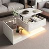 Couchtisch 100 x 50 x 33/47,5 cm mit höhenverstellbarer Glasplatte, Stauraum und LED-Lichtleiste in Weiß Bild 4