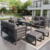 Halbmond-förmiges Gartensofa-Set für 8 Personen / Robustes Eisengestell mit grauen Polstern / Komplett mit Glastisch, 1 Sessel & 2 Hockern / Wetterfeste Terrassenmöbel für Balkon Bild 5