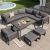 Halbmond-förmiges Gartensofa-Set für 8 Personen / Robustes Eisengestell mit grauen Polstern / Komplett mit Glastisch, 1 Sessel & 2 Hockern / Wetterfeste Terrassenmöbel für Balkon Bild 2
