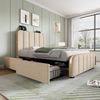 Polsterbett 90×200 cm aus Leinen-Stoff mit USB-Anschluss, Typ-C-Anschluss und vier Schubladen, beige Bild 2