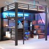 Merax Hochbett, Kinderbett 140 x 200 cm, Metallbett, mit Ablagefläche, Schublade, Lochwand, Tisch, Steckdose, LED-Licht, ohne Matratze, Schwarz Bild 3