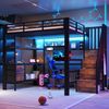 Merax Hochbett, Kinderbett 140 x 200 cm, Metallbett, mit Ablagefläche, Schublade, Lochwand, Tisch, Steckdose, LED-Licht, ohne Matratze, Schwarz Bild 5