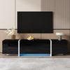 TV-Ständer mit niedrigem Schrank, hochglänzend schwarzem Schrank mit kontrastierenden weißen Beinen sowie stilvollen Türen und Schubladen. Mit LED-Lichtleiste. Bild 4