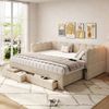 Merax Einzelbett, Polsterbett, 90x190 cm Daybett, Tagesbett, Sofabett, mit 2 Schubladen für Stauraum, Schlafsofa, Tagbett , ausziehbar auf 180 cm, mit USB-Anschluss, Chenille, Beige Bild 2
