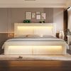 Merax Doppelbett 140x200 cm mit Stauraum, hydraulisches Bett, LED-Beleuchtung mit App-Steuerung, USB- & Type-C-Ladeanschlüsse, Samt, Kopfteil mit gebogenem Design, Beige Bild 2