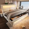 Merax Doppelbett 140x200 cm mit Stauraum, hydraulisches Bett, LED-Beleuchtung mit App-Steuerung, USB- & Type-C-Ladeanschlüsse, Samt, Kopfteil mit gebogenem Design, Beige Bild 3