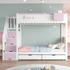 Kinder-Etagenbett 90x200 cm mit Kaninchen-Design, Stauraumleiter, Schubladen, Ablagefach, Massivholz,Weiß & rosa Bild 3