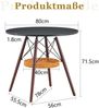 Ein runder Esstisch mit einem Durchmesser von 80 cm, einer Tischplatte aus schwarzem MDF und Tischbeinen aus walnussfarbenem Massivholz, ergänzt durch ein schwebendes, geflochtenes Ablagefach Bild 4
