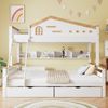 Merax 90x200cm&140x200cm Etagenbett, Kinderbett, mit farblich abgesetztem Fallschutzgitter, Zwei Schubladen, mit Fenster, mit vierstufigen Schrägleiter und Schubladen, Offenes Regal, Kiefer+MDF, Weiß+Natur Bild 2
