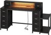 Schreibtisch, 128 x 48 cm Computertisch, Gaming-Tisch mit LED, 2 Steckdosen + USB-Anschluss, 10 Schubladen undMonitorständer, für Büro, Arbeitszimmer, Schlafzimmer, Schwarz Bild 2