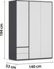 rauch Kleiderschrank Nabila, Drehtürenschrank, Garderobenschrank, 3-türig, 2 Schubkästen, mit 1 Kleiderstange und 3 Einlegeböden, Farbe Weiß/Grau metallic, Schwarz, mit Push-to-Open Funktion, 140x194x53cm Bild 4