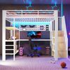 Hochbett mit RGB LED-Streifen, Regal, Schreibtisch, Schubladen und Wandgitter, 140x200 cm, Treppe mit offenem Kleiderschrank, Kinderbett, Metallbett Bild 2