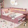 Merax Daybett 90x200 cm mit USB-Anschluss & LED-Lichtleiste (Jugendbett Einzelbett Kinderbett, 1 tlg), Schlafsofa Tagesbett mit Schuhschrank, 2 Schubladen & Ablage, Leinen Bild 2