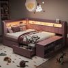 Merax Daybett 90x200 cm mit USB-Anschluss & LED-Lichtleiste (Jugendbett Einzelbett Kinderbett, 1 tlg), Schlafsofa Tagesbett mit Schuhschrank, 2 Schubladen & Ablage, Leinen Bild 4