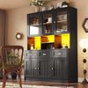Küchenschrank, Hochschrank Küchenbuffet, Vitrinenschrank, Buffetschrank mit verstellbaren Ablagen, Sideboard mit LED-Beleuchtung, Variable Lichtfarben, Holz, Weiß/Schwarz, 140 x 40 x 175 cm Bild 2