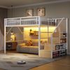 Merax Kinderbett, Hochbett, 140 x 200 cm, Jugendbett, mit LED-Lichtleiste, Treppenkonstruktionen mit Stauraum, Ohne Matratze, Weiß Bild 3