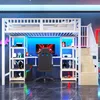Hochbett mit RGB LED-Streifen, Schreibtisch, Lattenrost, Treppe und Regal, Kinderbett mit Rausfallschutz, Metallbett, 90x200cm Bild 2