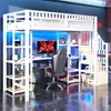 Hochbett mit RGB LED-Streifen, Schreibtisch, Lattenrost, Treppe und Regal, Kinderbett mit Rausfallschutz, Metallbett, 90x200cm Bild 3